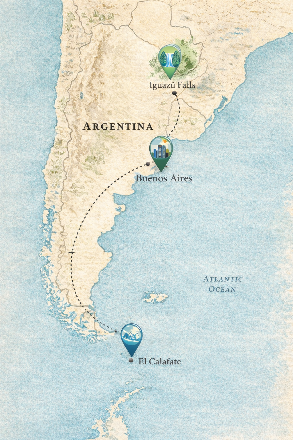 Argentina Map - Buenos Aires, Iguazu Falls, El Calafate