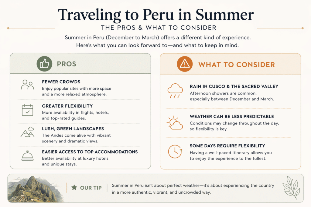 Pros and cons of traveling to Peru in summer including weather, crowds, and planning flexibility"