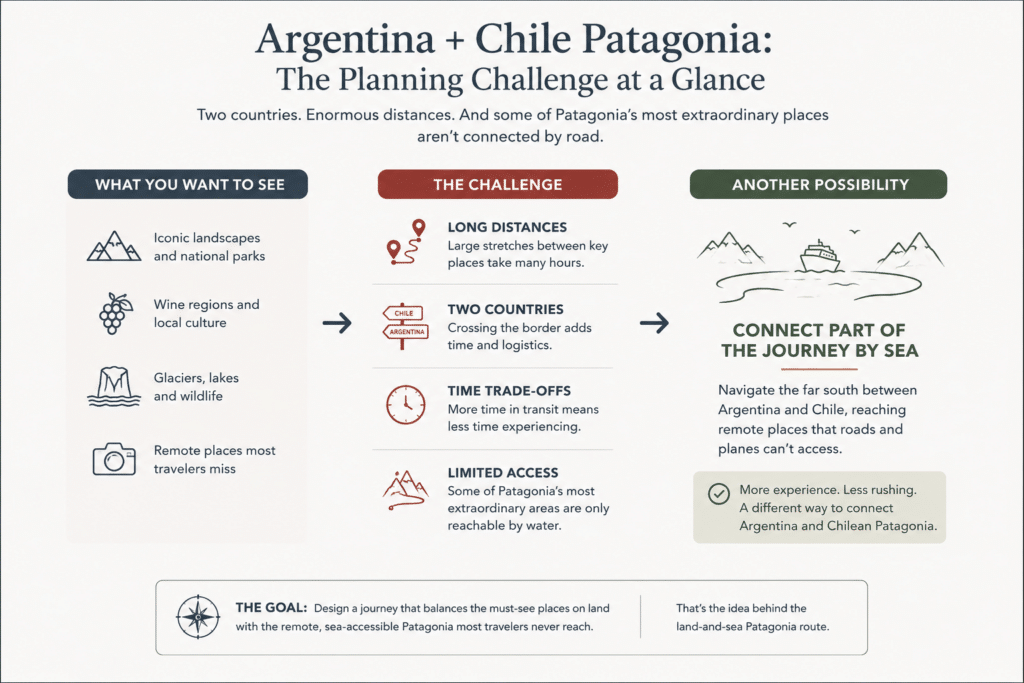 Infographic showing the planning challenges of combining Argentina and Chilean Patagonia, including long distances, border crossings and a land-and-sea route.