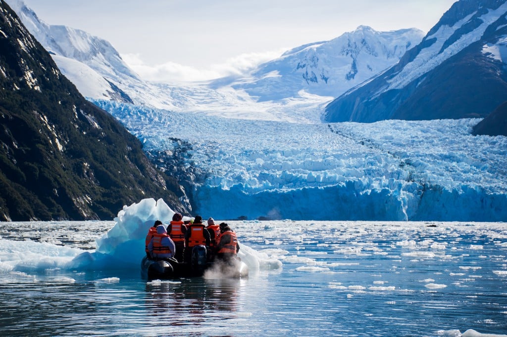 Zodiac expedition boats navigating the remote waterways of Argentina and Chile Patagonia.