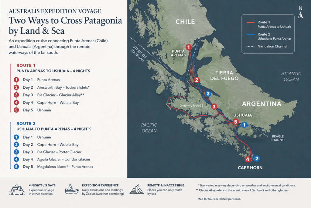 Map showing how to combine Argentina and Chile Patagonia by land and sea, with the expedition routes between Ushuaia and Punta Arenas.