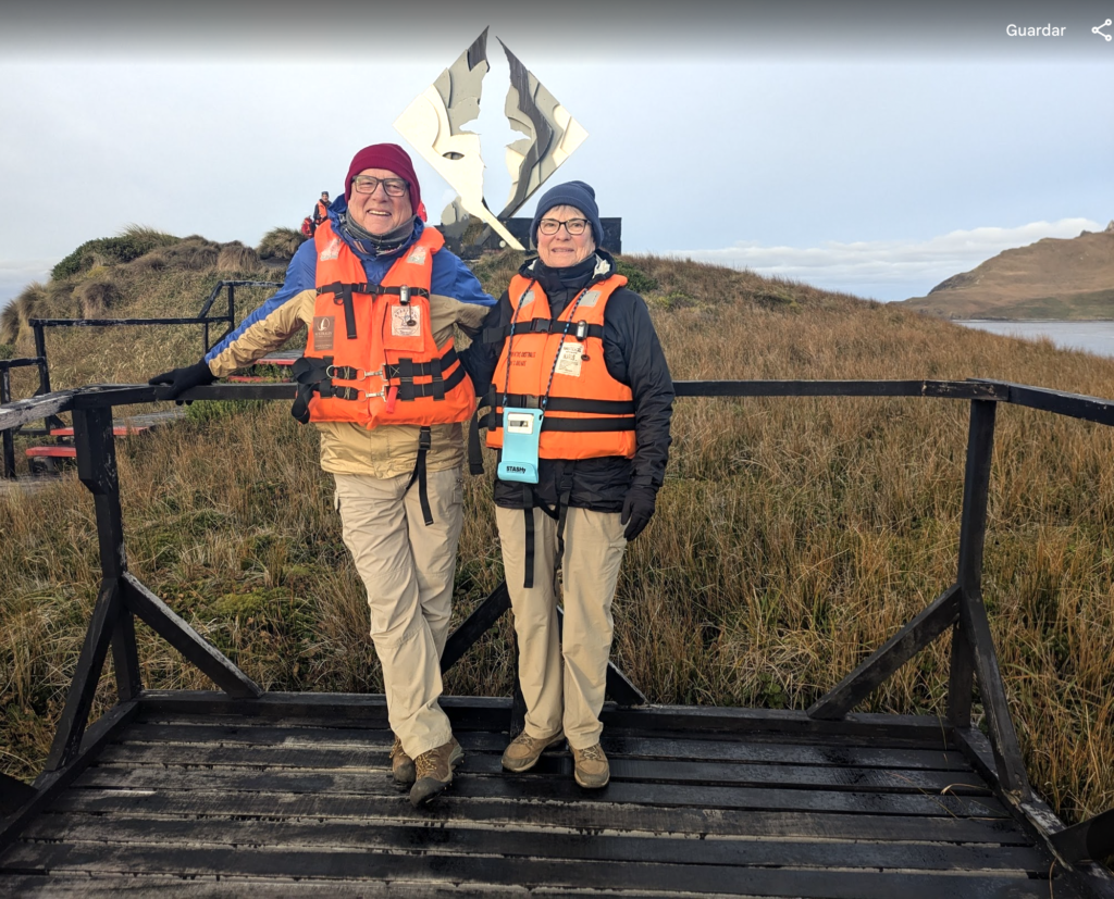 Michael and Lori at Cape Horn during their Patagonia expedition cruise at ages 69 and 73.